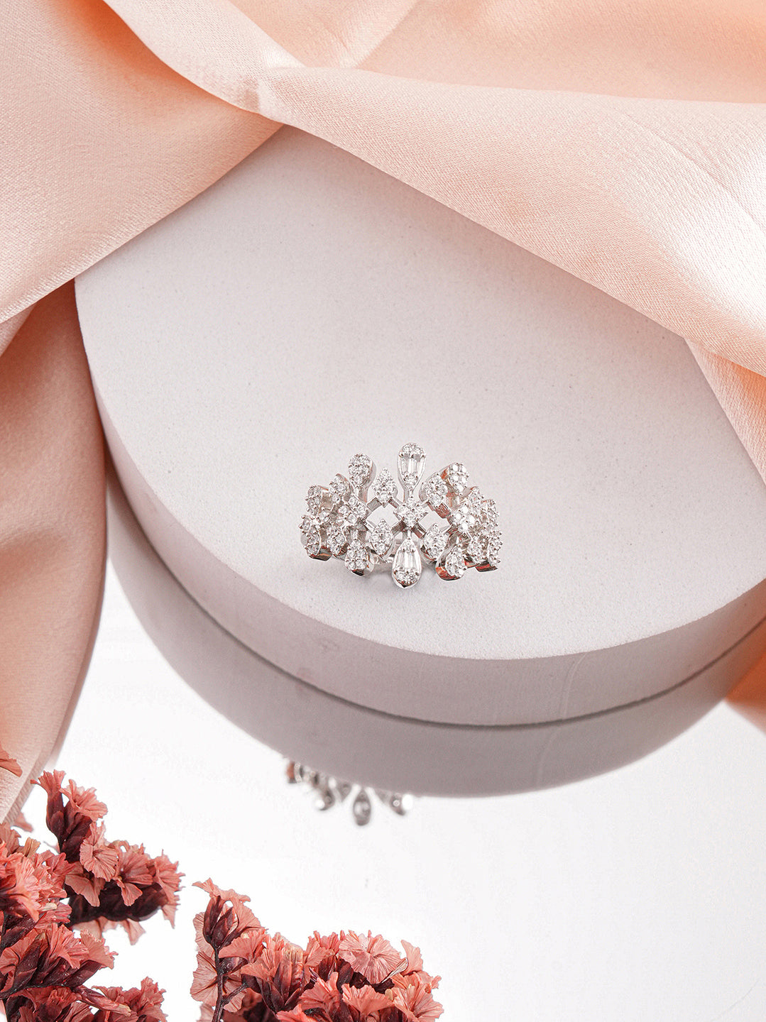 White Rhodium Plated Marquise Shaped  Zircon Studded Floral Designer Cocktail Anniversary  Finger Ring