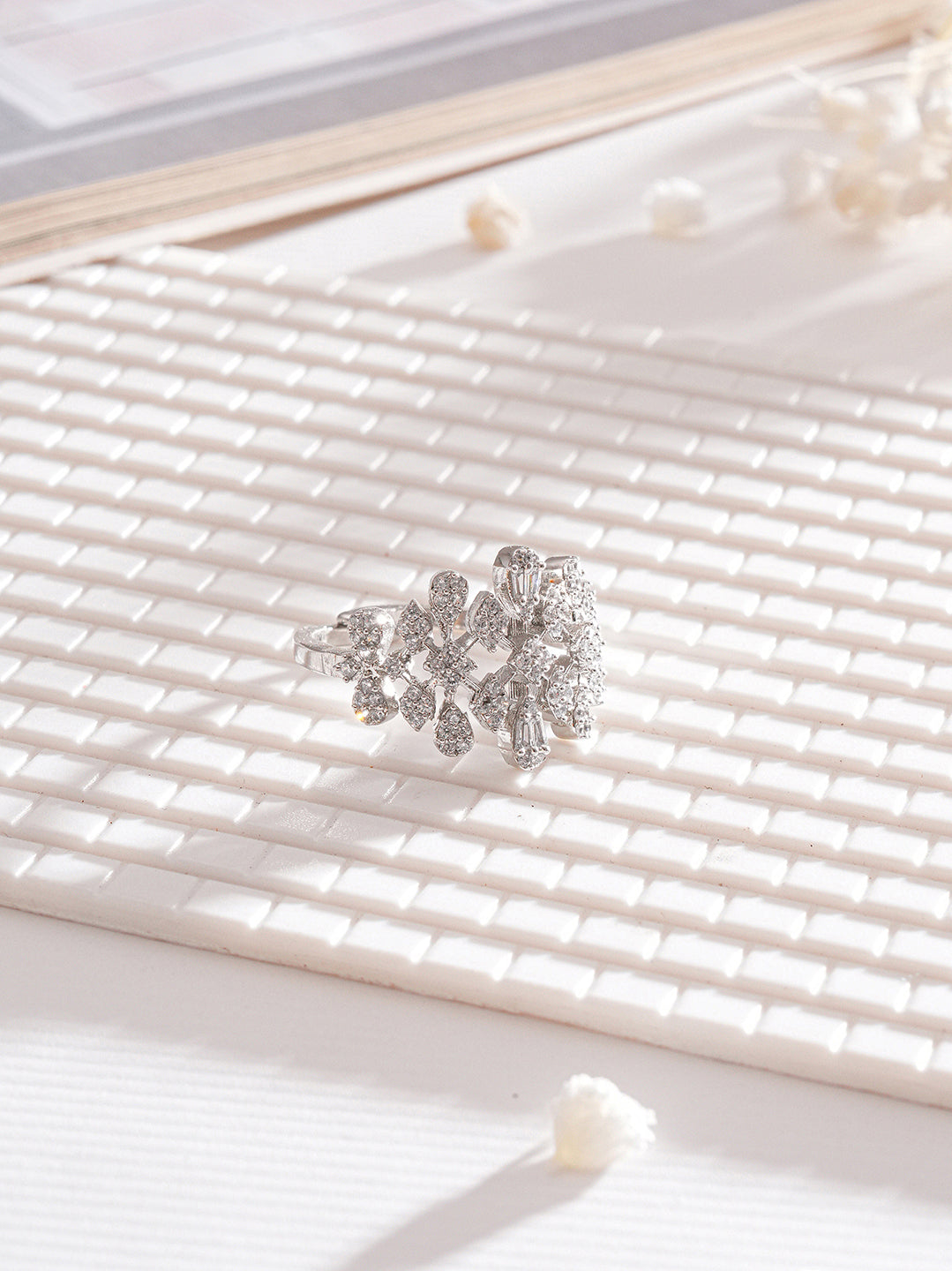 White Rhodium Plated Marquise Shaped  Zircon Studded Floral Designer Cocktail Anniversary  Finger Ring