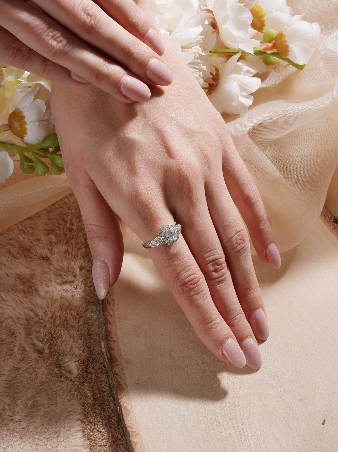 Silver Rhodium Plated White Round Cut Zircon Studded Adjustable  Solitaire Engagement Propose  Wedding Finger Ring