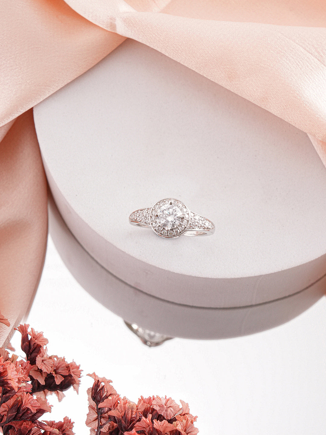 Silver Rhodium Plated White Round Cut Zircon Studded Adjustable  Solitaire Engagement Propose  Wedding Finger Ring