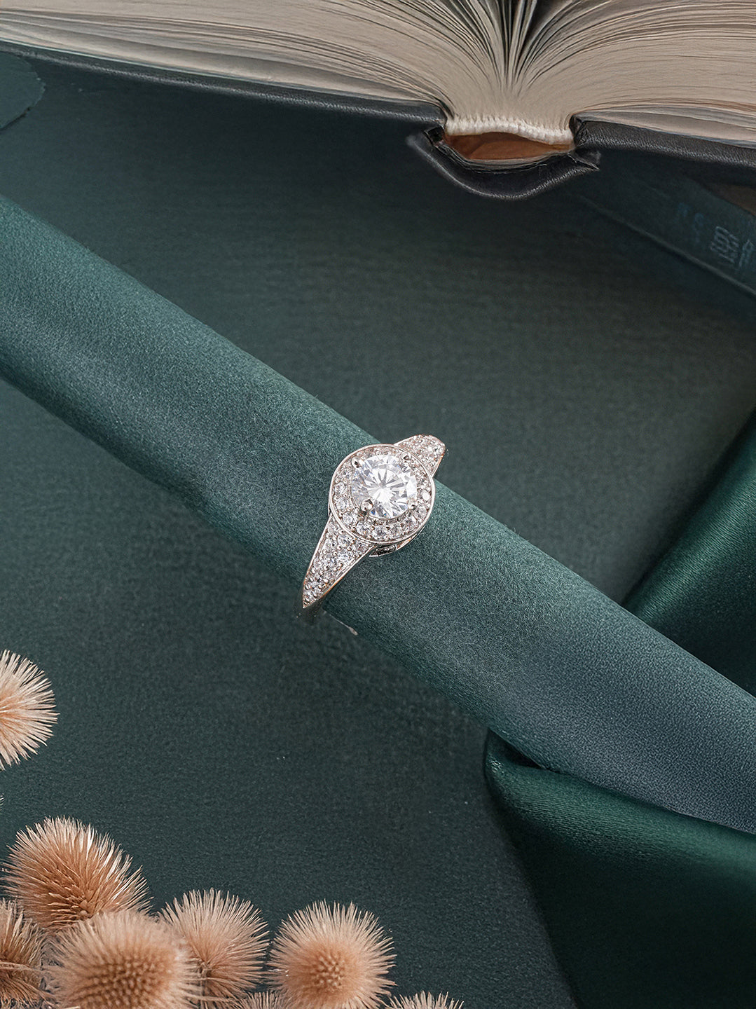 Silver Rhodium Plated White Round Cut Zircon Studded Adjustable  Solitaire Engagement Propose  Wedding Finger Ring