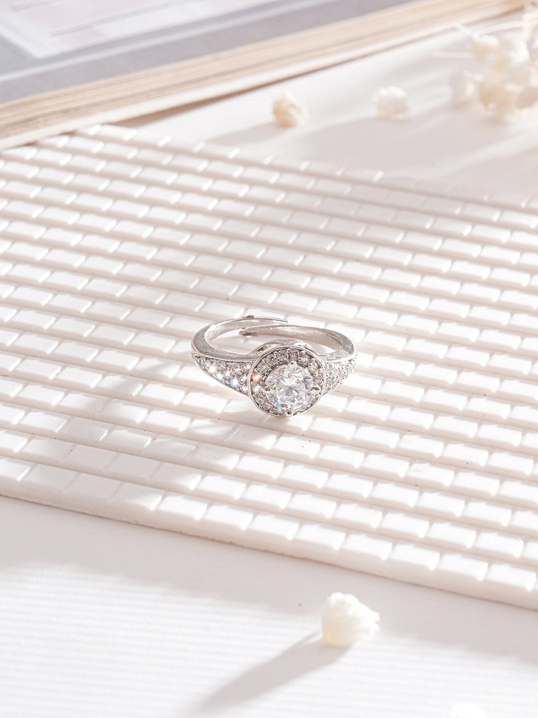 Silver Rhodium Plated White Round Cut Zircon Studded Adjustable  Solitaire Engagement Propose  Wedding Finger Ring