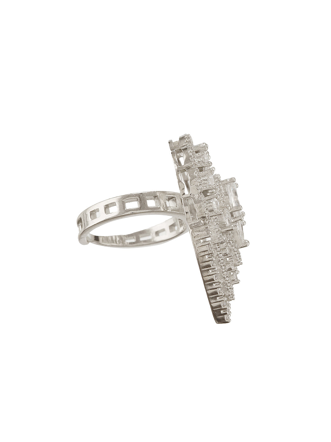 White Rhodium Toned Zircon Studded  Adjustable Designer Cocktail Wedding Finger Ring