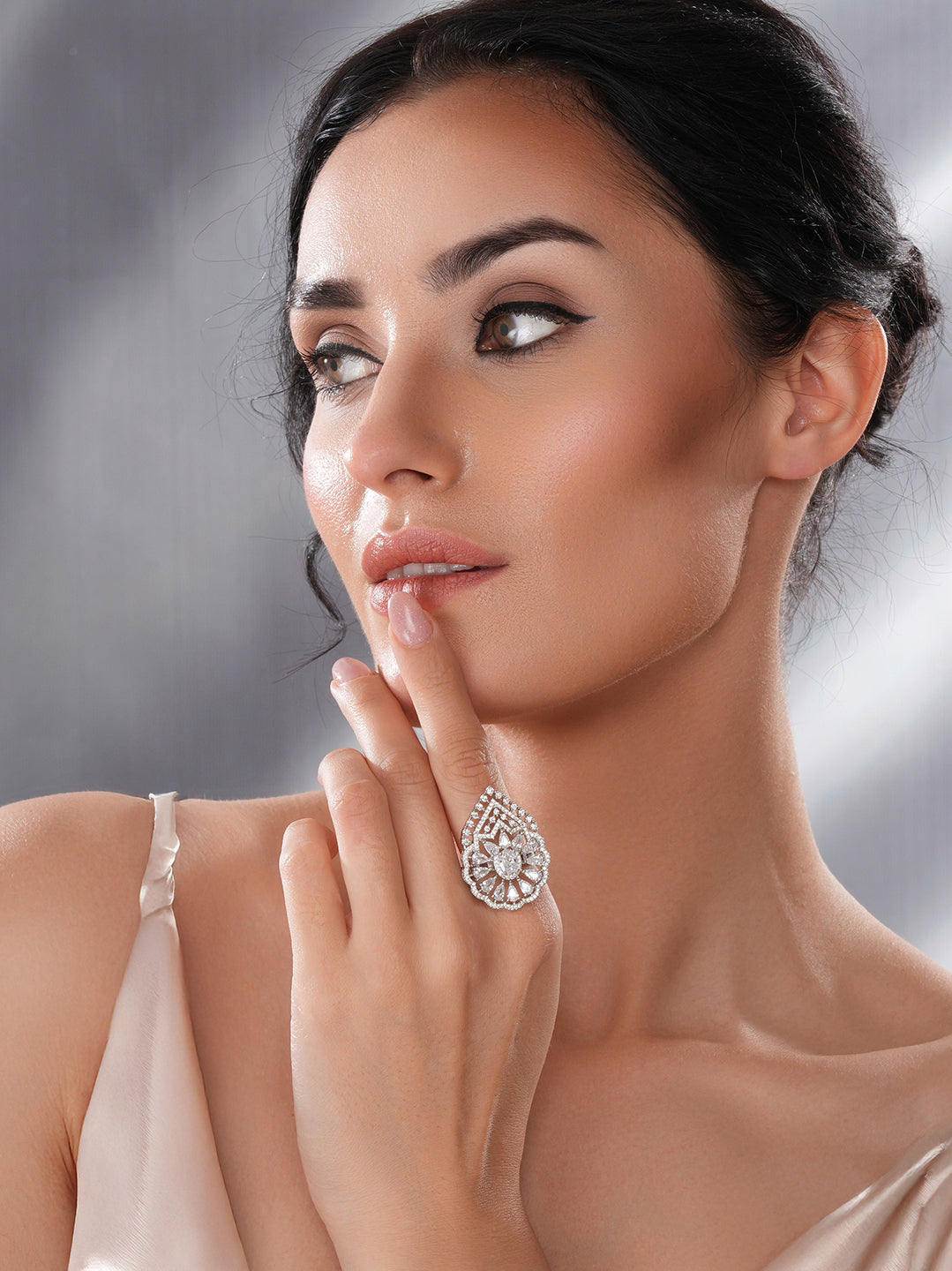 White Rhodium Toned Zircon Studded  Adjustable Designer Cocktail Wedding Finger Ring