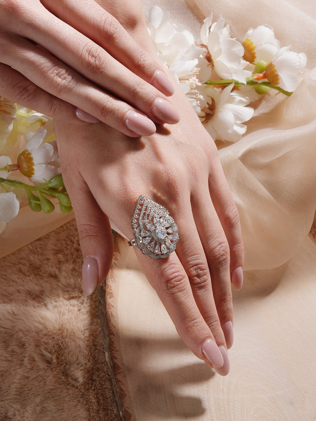 White Rhodium Toned Zircon Studded  Adjustable Designer Cocktail Wedding Finger Ring