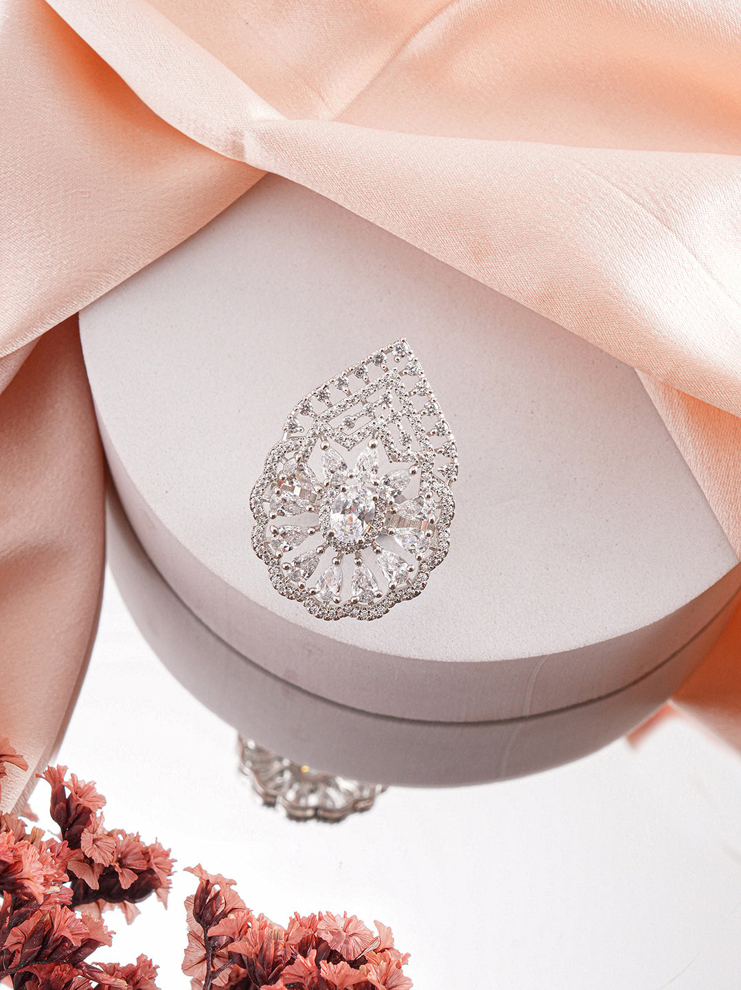 White Rhodium Toned Zircon Studded  Adjustable Designer Cocktail Wedding Finger Ring