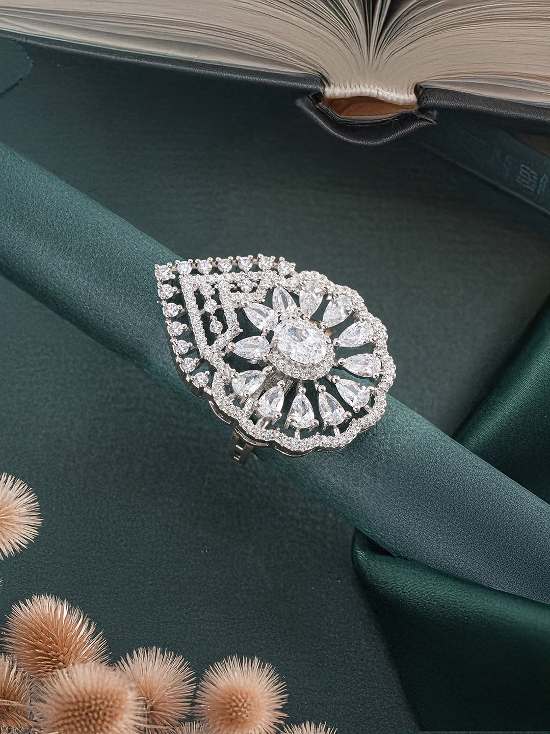 White Rhodium Toned Zircon Studded  Adjustable Designer Cocktail Wedding Finger Ring