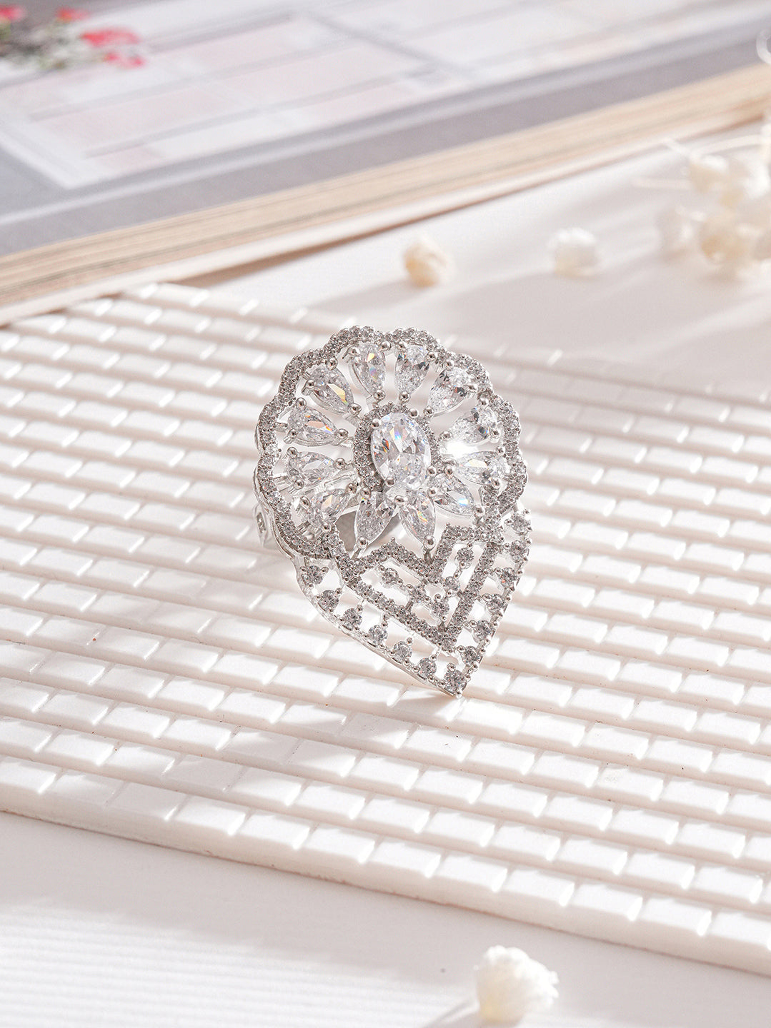 White Rhodium Toned Zircon Studded  Adjustable Designer Cocktail Wedding Finger Ring