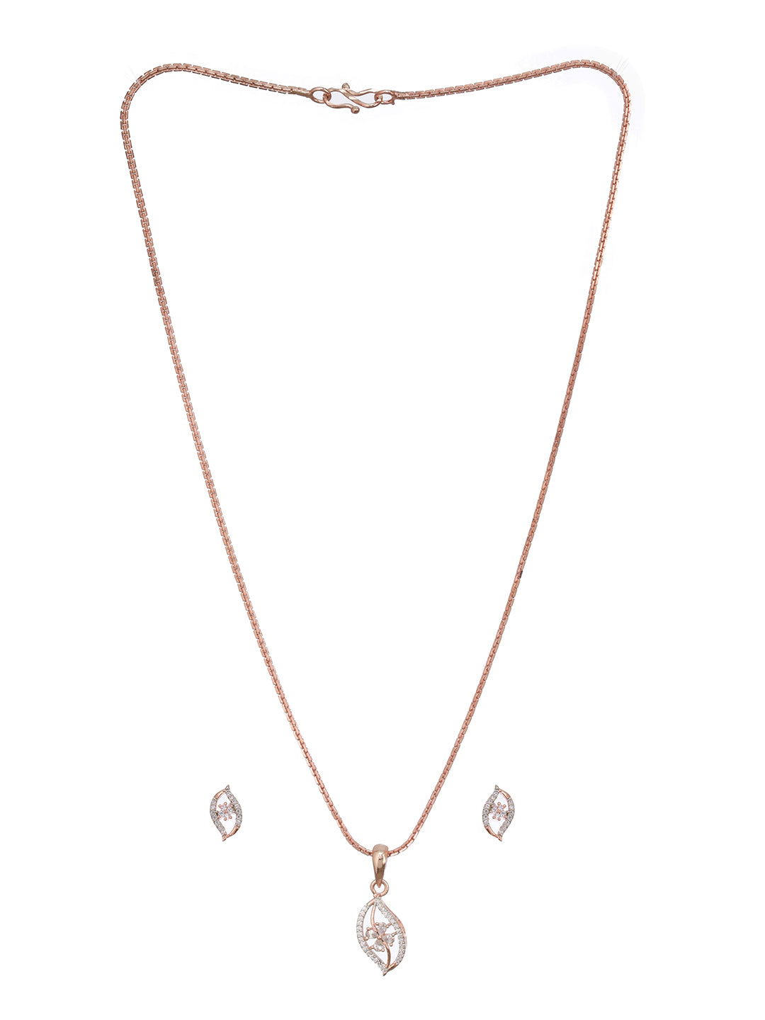 Rose Gold Plated Zircon Studded Minimal Floral Locket Jewellery Set