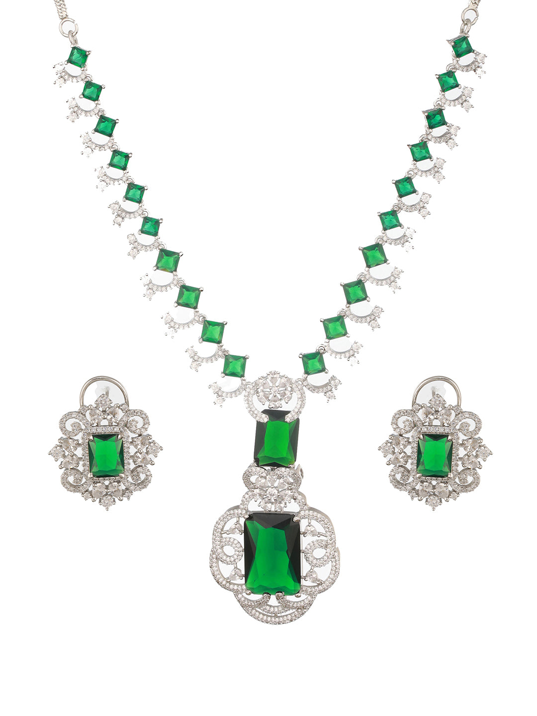 Silver Plated Emarald Green  CZ Studded  Designer Luxe Pendant Jewellery Set
