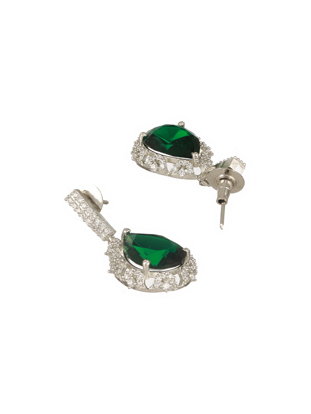 Silver Plated Emerald Green AD Tear Shaped Contemporary  Drop Earrings