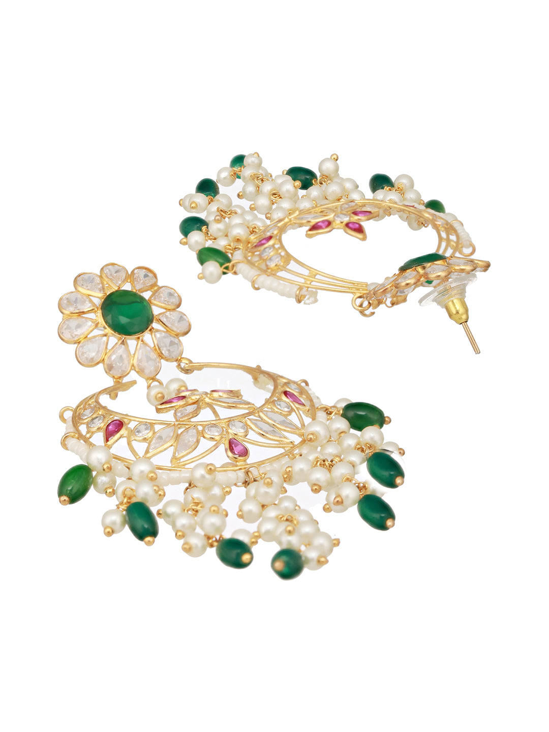 24K Gold Plated Red & Green Kundan & Pearl Beaded Bridal Chandbali Designer Earring