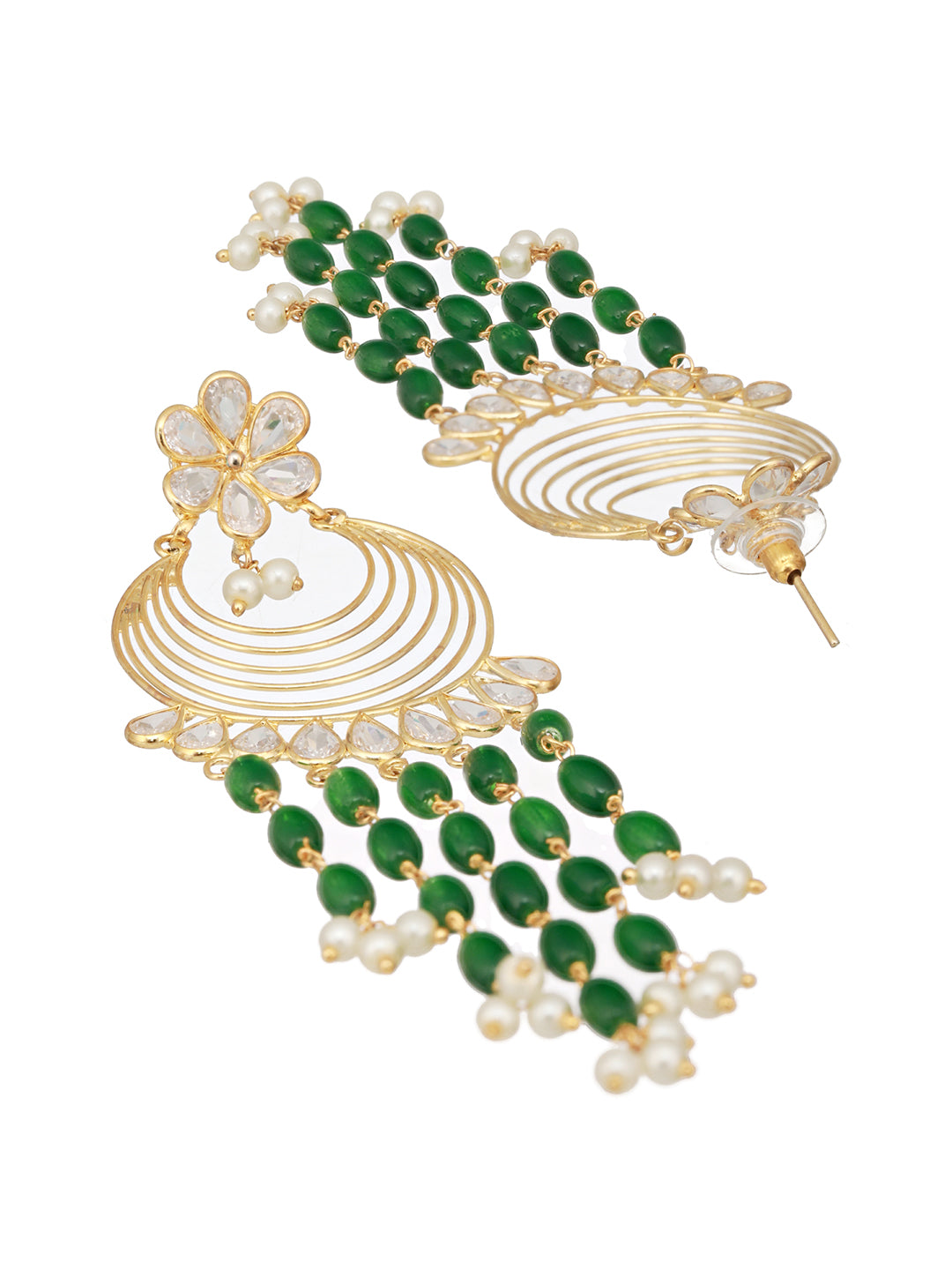 24K Gold Plated Kundan & Green Pearl Beaded Light Weight Bridal Floral Chandbali Earrings
