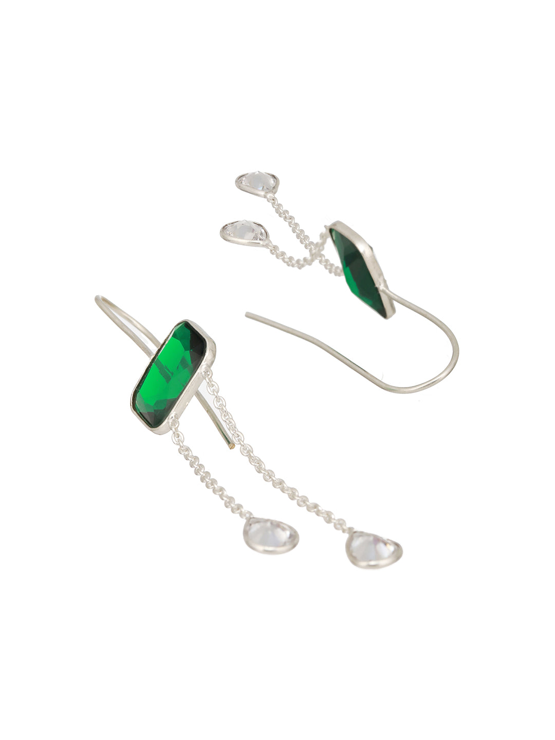 Silver Plated Green Crystal Dropdown Minimal Fishhook Earrings