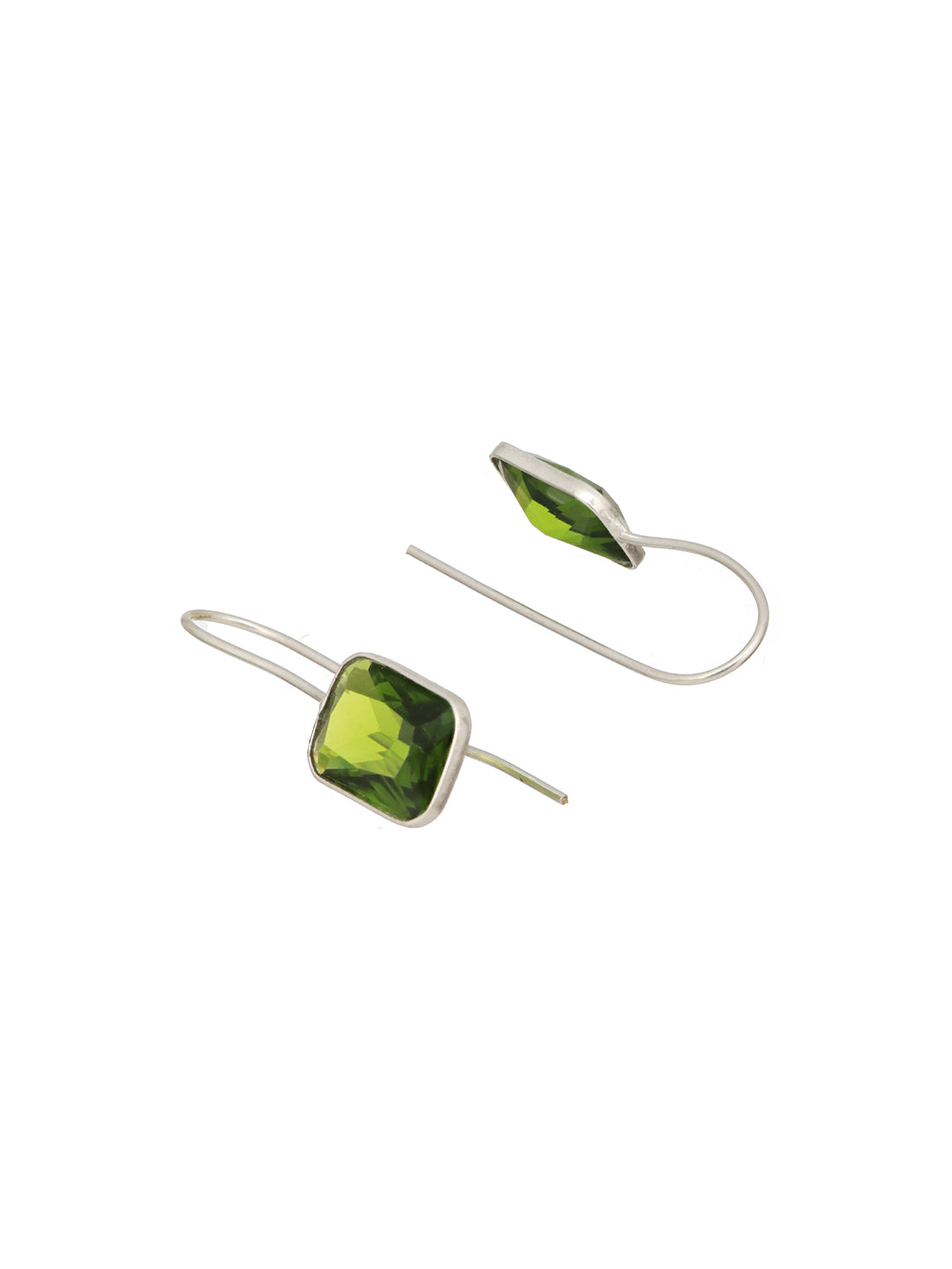 Silver Plated Oxidised Peridot Green Solitaire Minimal  Fish Hook Earrings