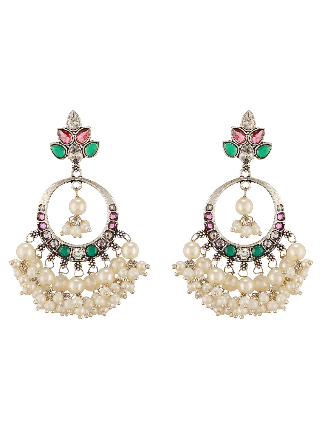 Silver Oxidised  Plated Red & Green AD Studded Handcrafted  Chandbali Dropdown Earrings