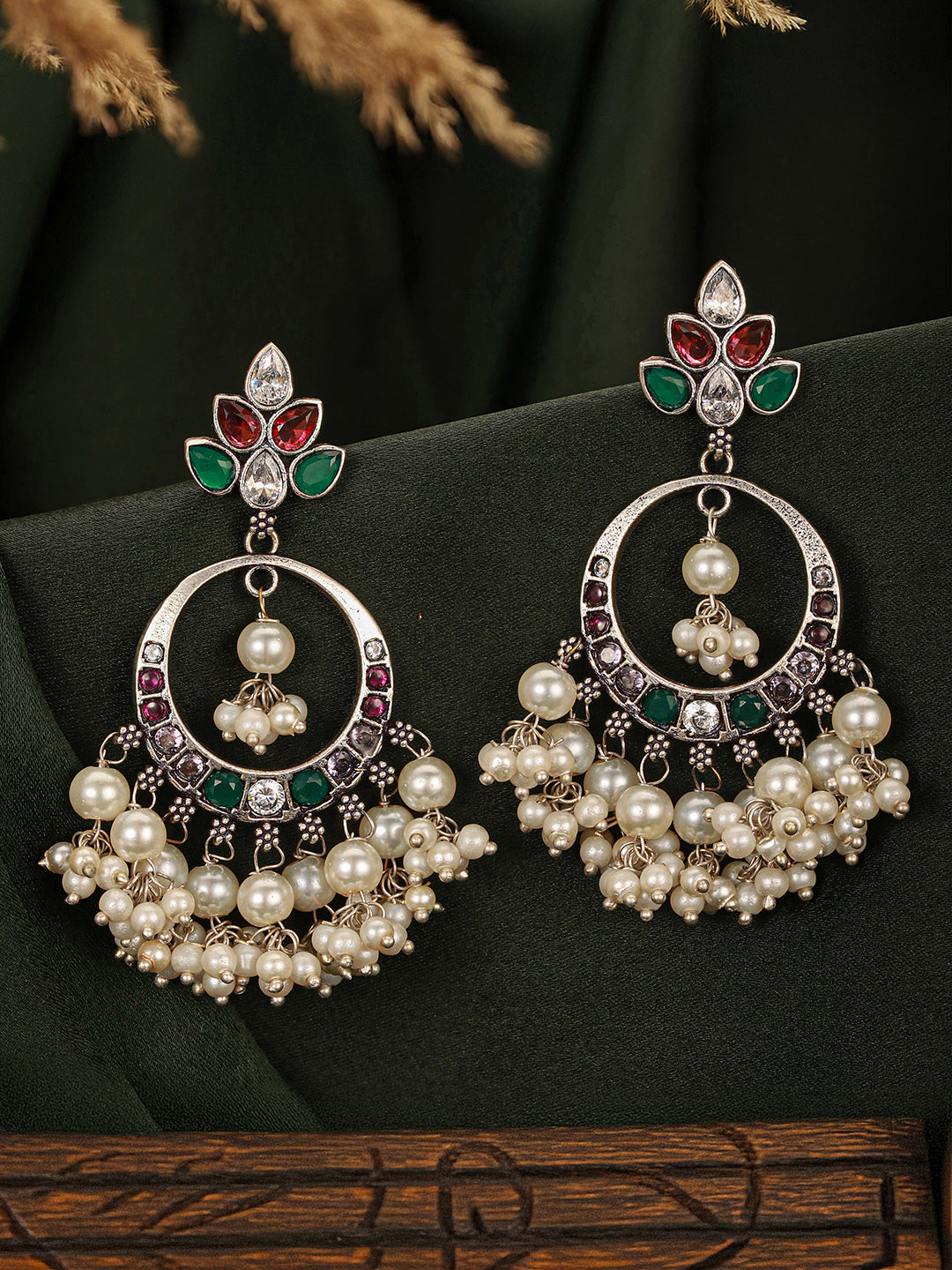 Silver Oxidised  Plated Red & Green AD Studded Handcrafted  Chandbali Dropdown Earrings