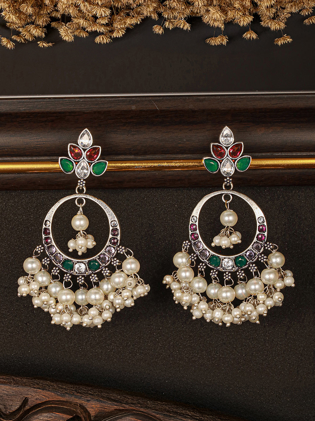 Silver Oxidised  Plated Red & Green AD Studded Handcrafted  Chandbali Dropdown Earrings