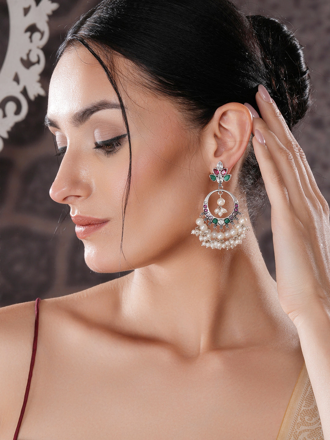 Silver Oxidised  Plated Red & Green AD Studded Handcrafted  Chandbali Dropdown Earrings