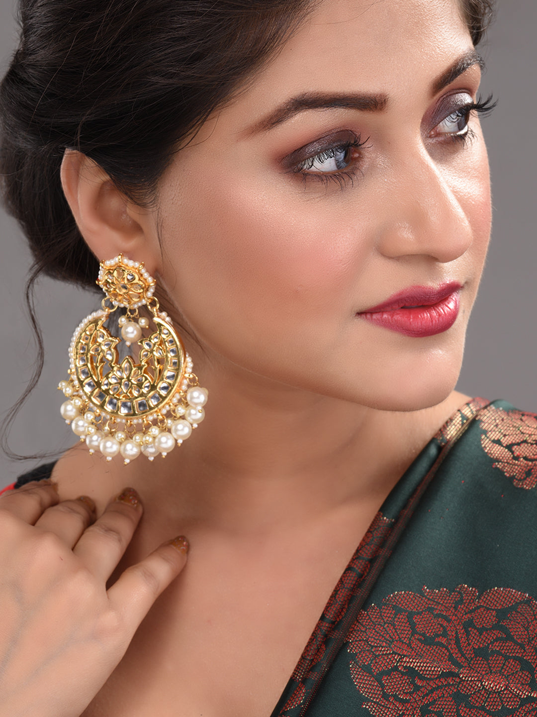 Gold Plated Kundan Studded & Pearl Beaded Traditional Chandbalis