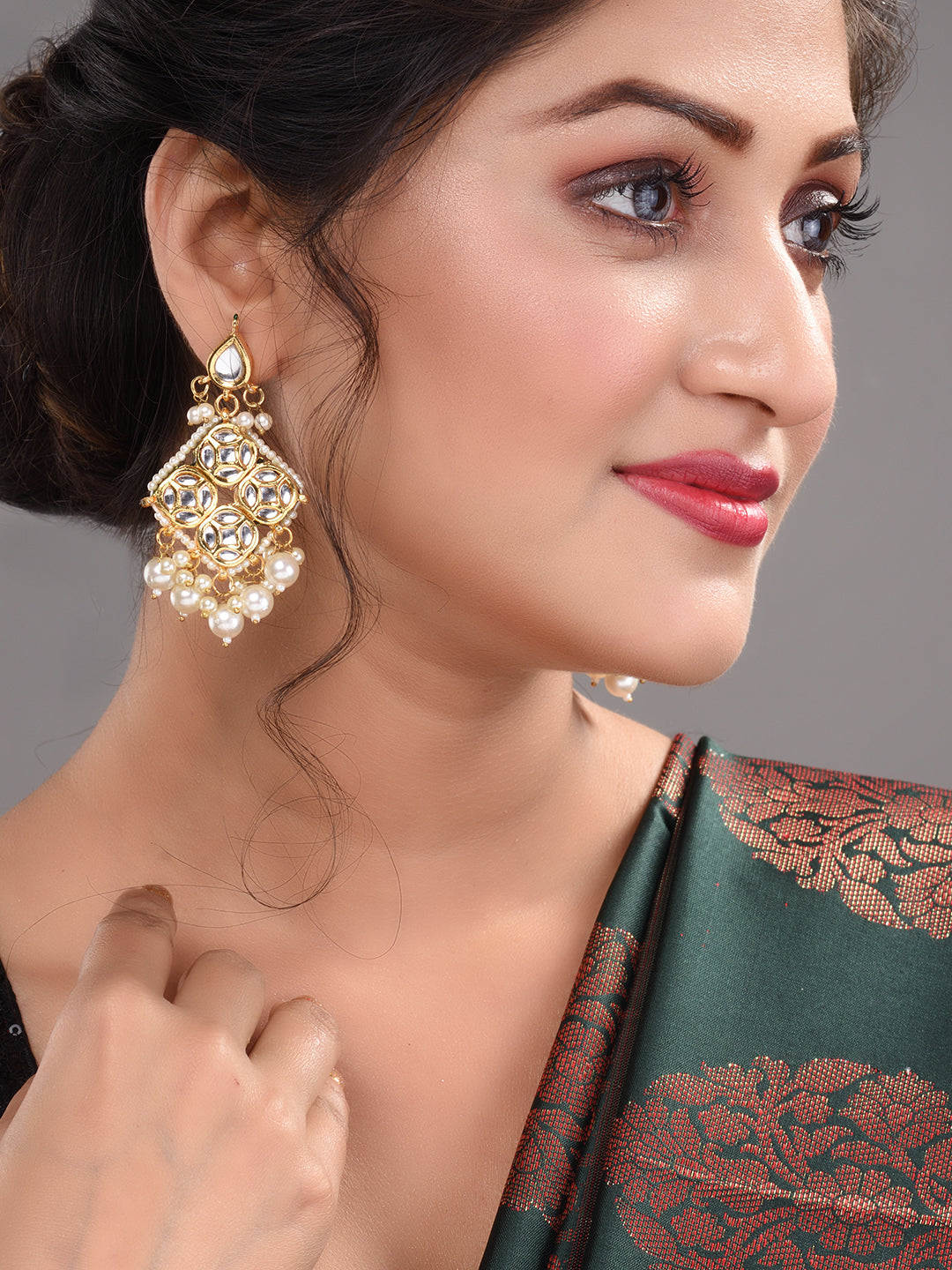 Gold Plated Kundan Studded & Pearl Beaded Square Drop Earrings