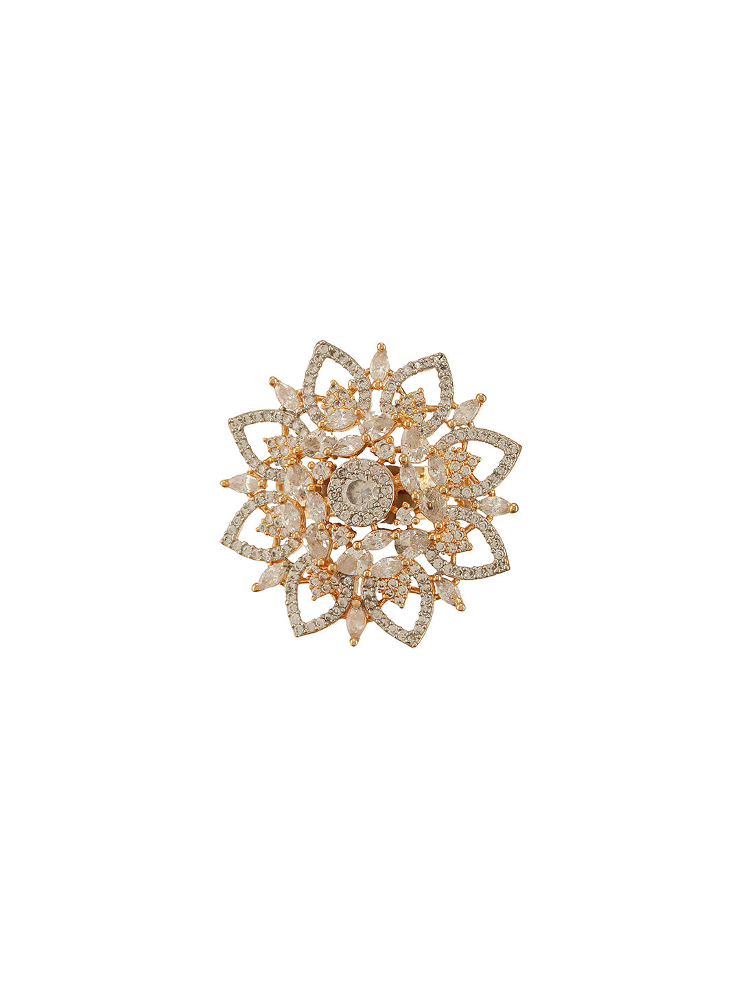 Gold Plated Zircon  Studded 3 D Effect Adjustable  Floral Engagement Cocktail Finger Ring