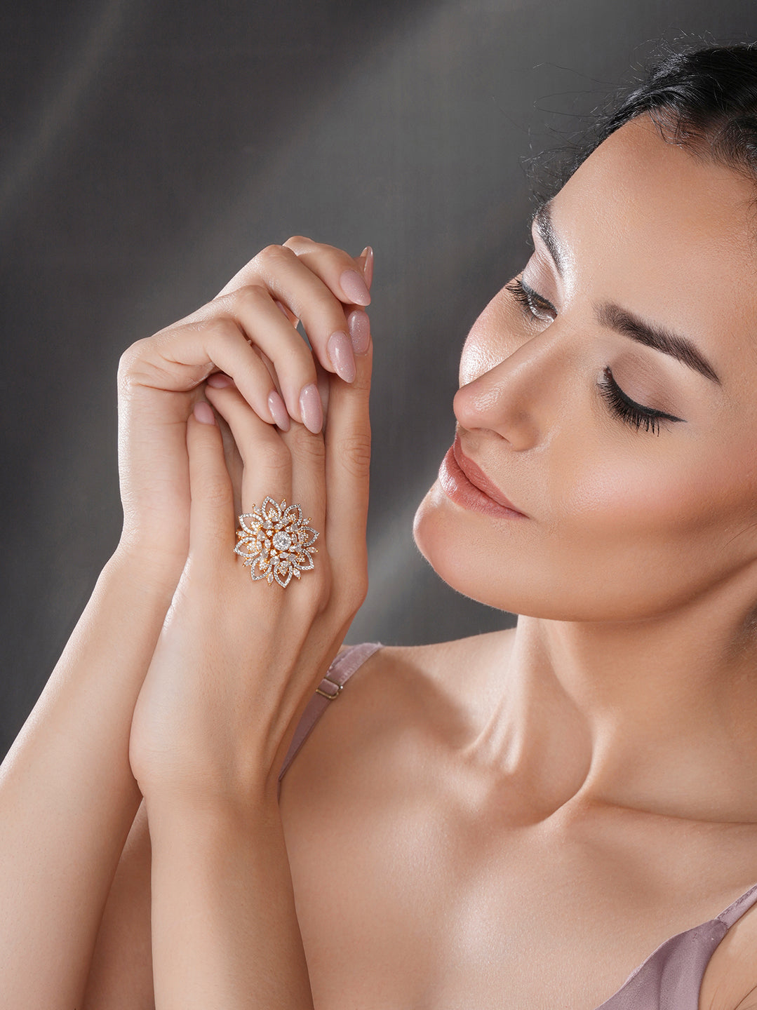 Gold Plated Zircon  Studded 3 D Effect Adjustable  Floral Engagement Cocktail Finger Ring