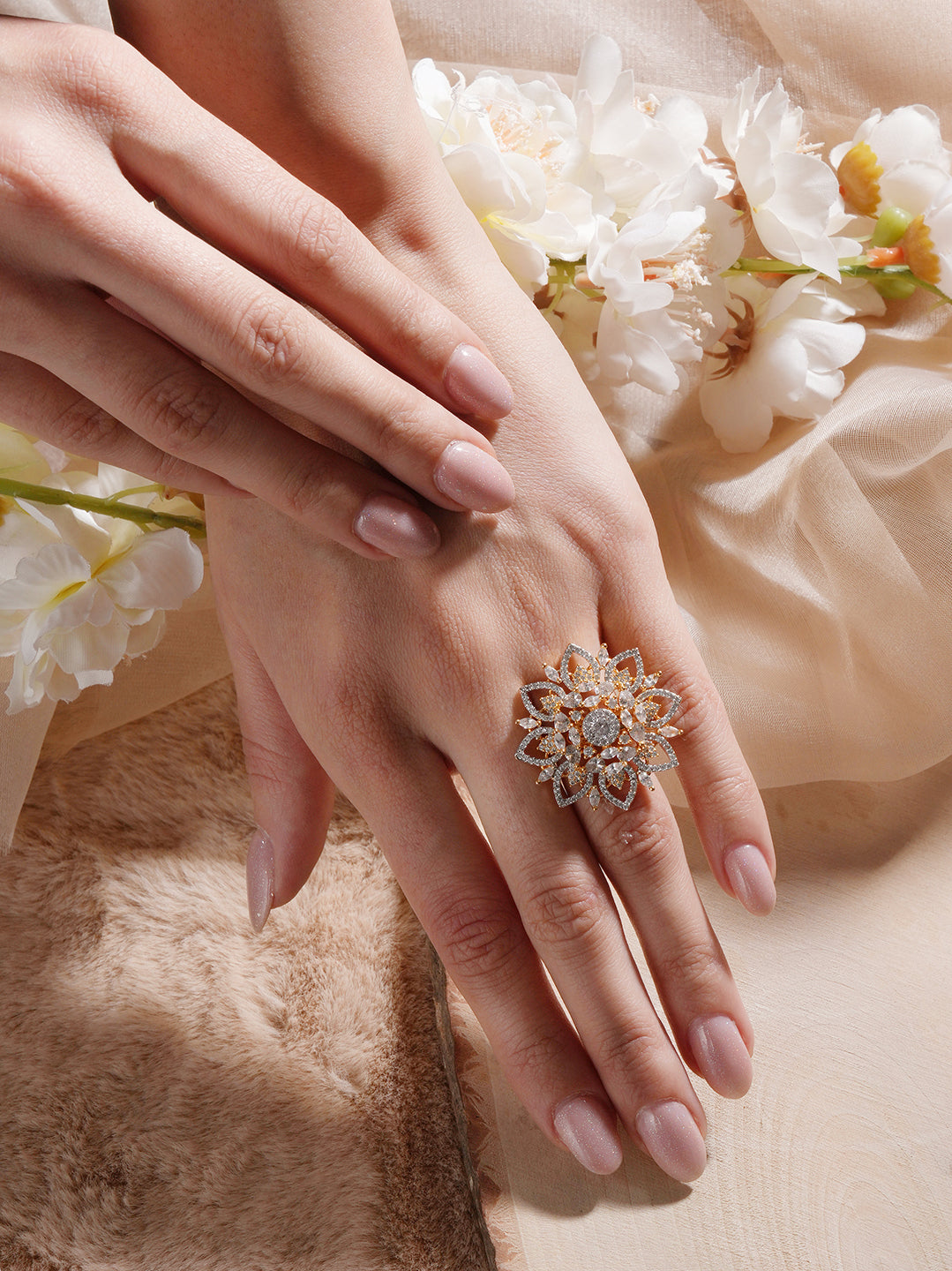 Gold Plated Zircon  Studded 3 D Effect Adjustable  Floral Engagement Cocktail Finger Ring