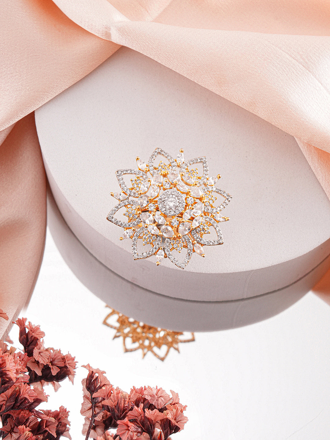 Gold Plated Zircon  Studded 3 D Effect Adjustable  Floral Engagement Cocktail Finger Ring