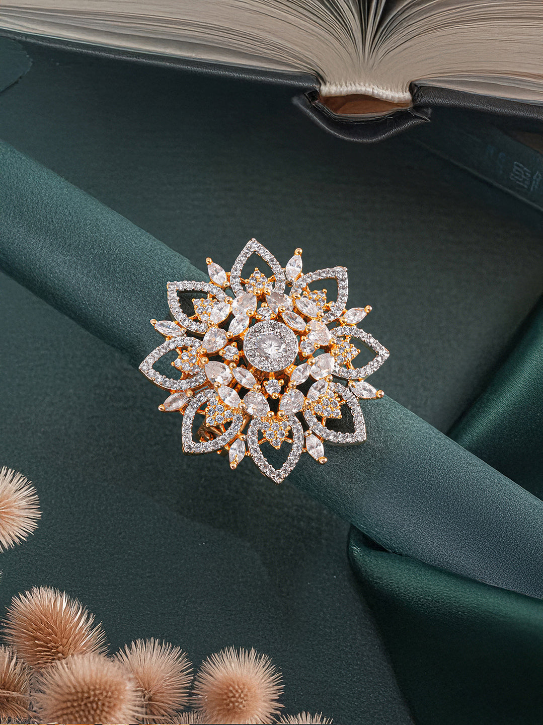 Gold Plated Zircon  Studded 3 D Effect Adjustable  Floral Engagement Cocktail Finger Ring