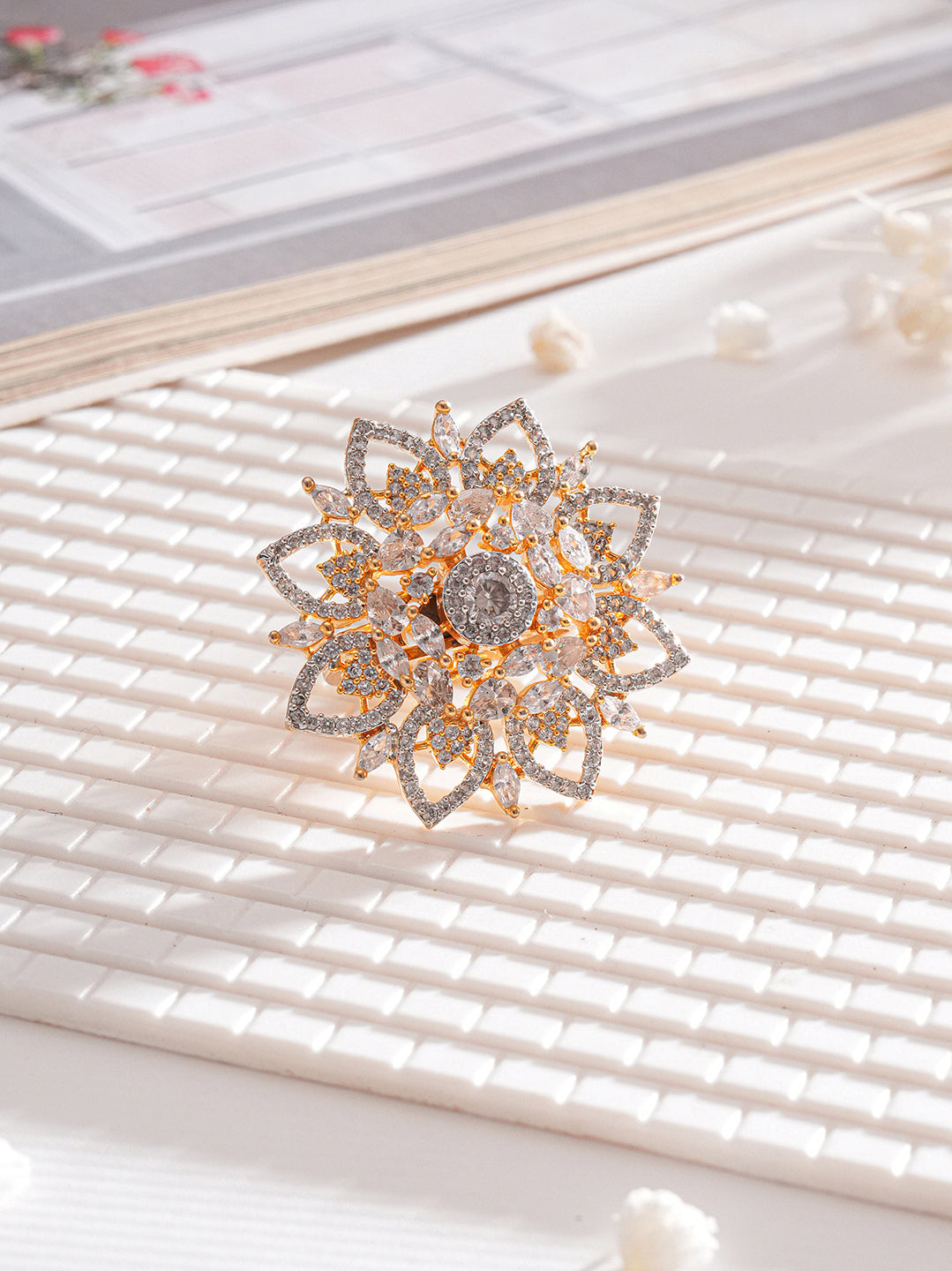 Gold Plated Zircon  Studded 3 D Effect Adjustable  Floral Engagement Cocktail Finger Ring