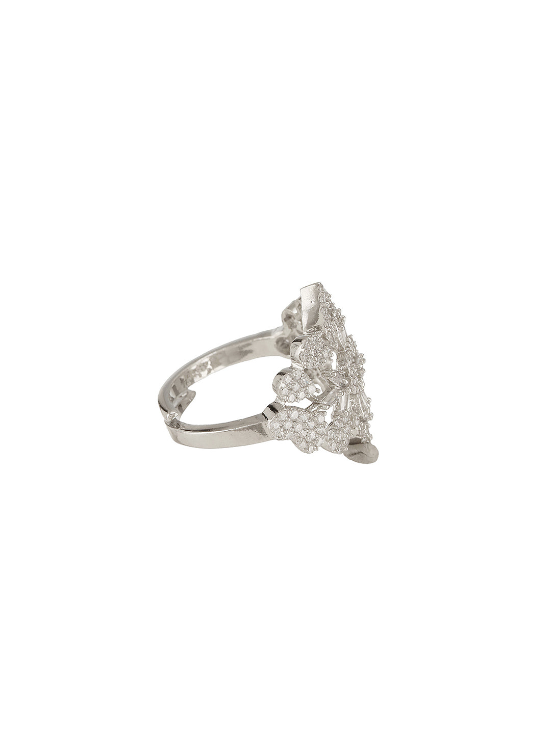 White Rhodium Plated Zircon Studded Floral Designer Cocktail Marriage Finger Ring