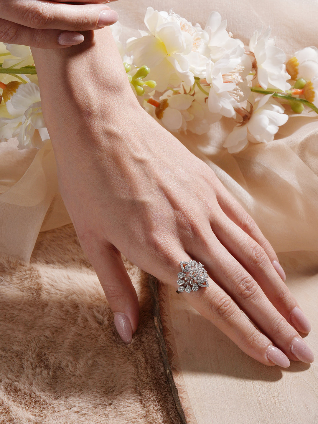 White Rhodium Plated Zircon Studded Floral Designer Cocktail Marriage Finger Ring