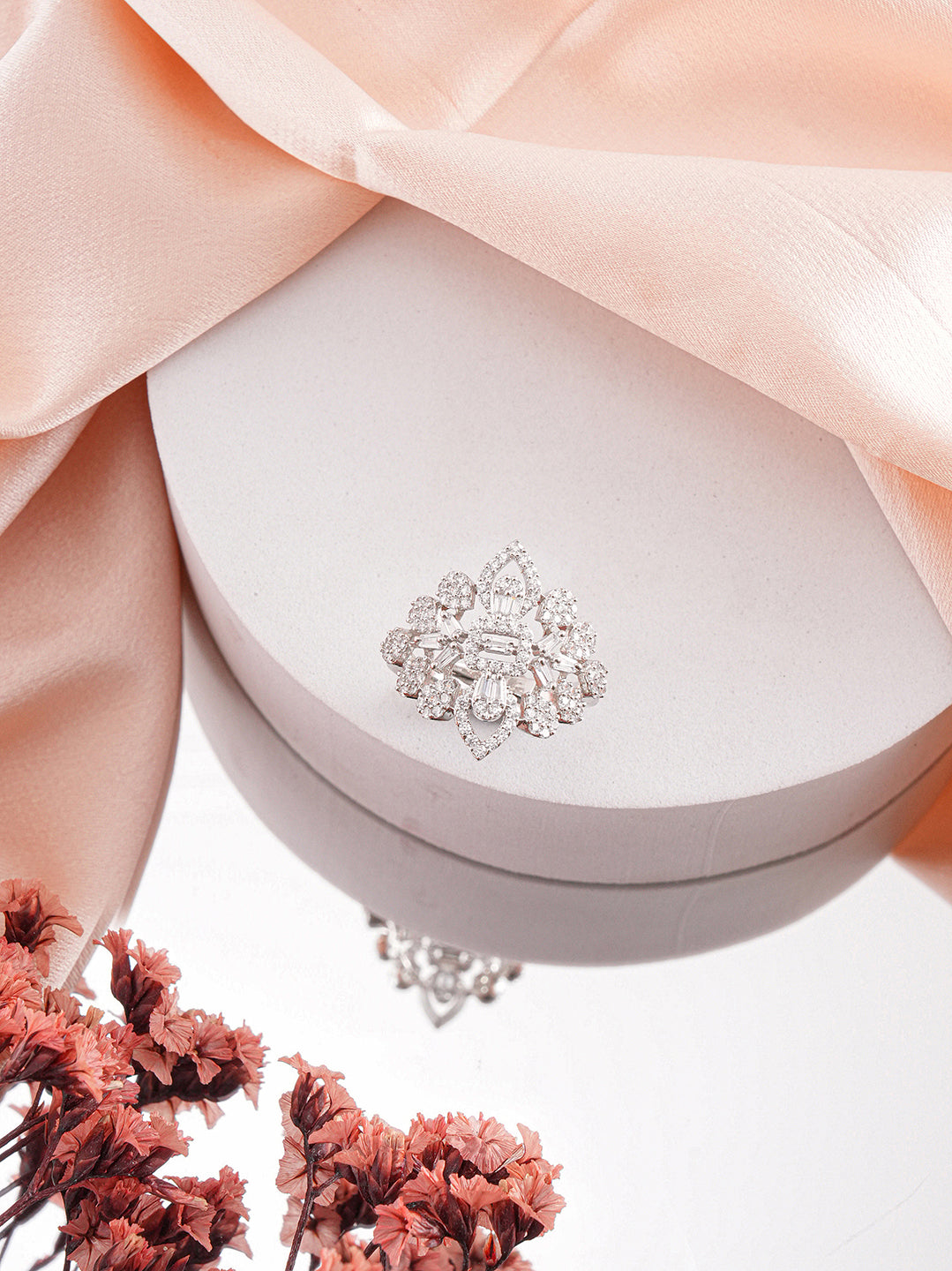 White Rhodium Plated Zircon Studded Floral Designer Cocktail Marriage Finger Ring