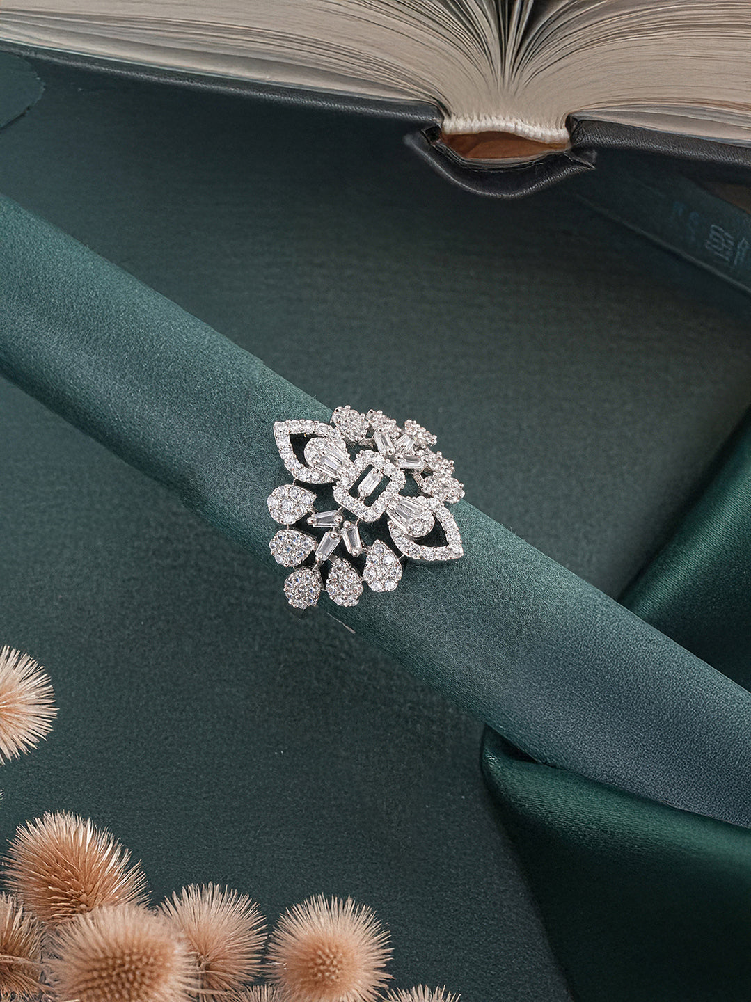 White Rhodium Plated Zircon Studded Floral Designer Cocktail Marriage Finger Ring