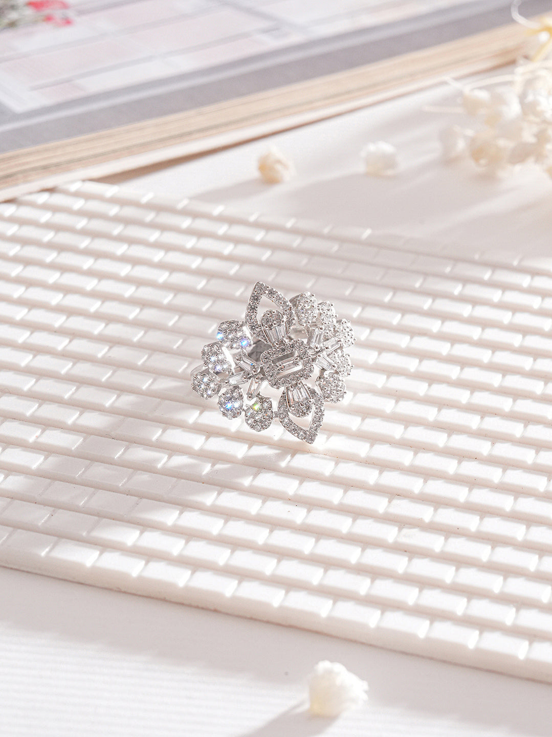 White Rhodium Plated Zircon Studded Floral Designer Cocktail Marriage Finger Ring