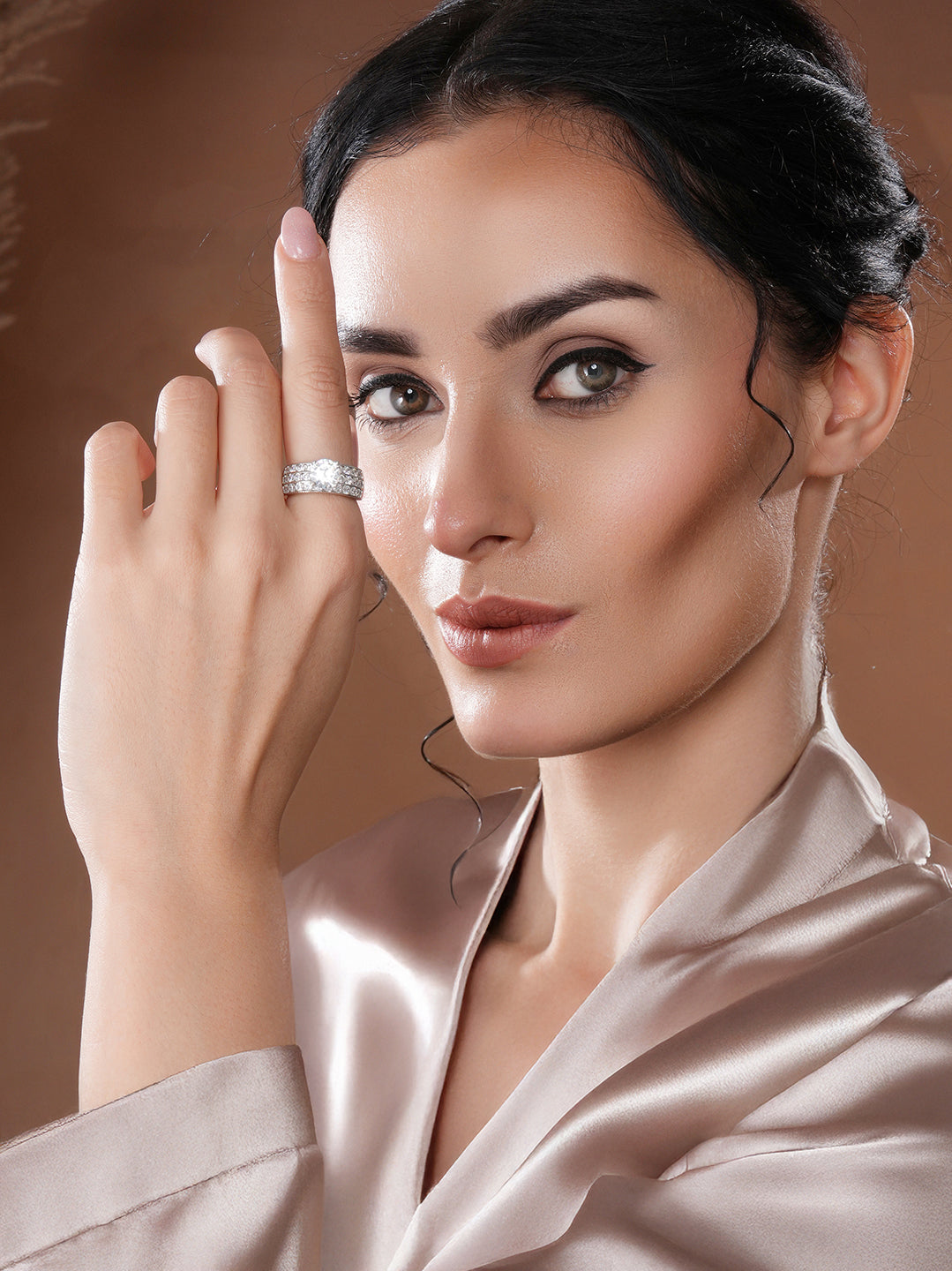 Silver Plated Cubic Zircon Studded Adjustable Bridal Engagement Wedding Band Finger Ring