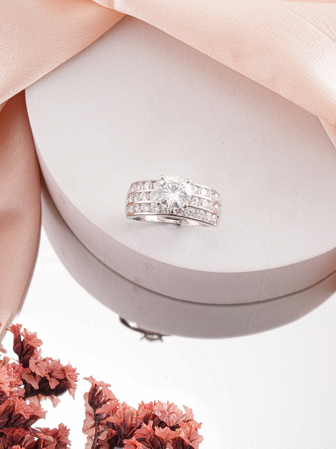 Silver Plated Cubic Zircon Studded Adjustable Bridal Engagement Wedding Band Finger Ring