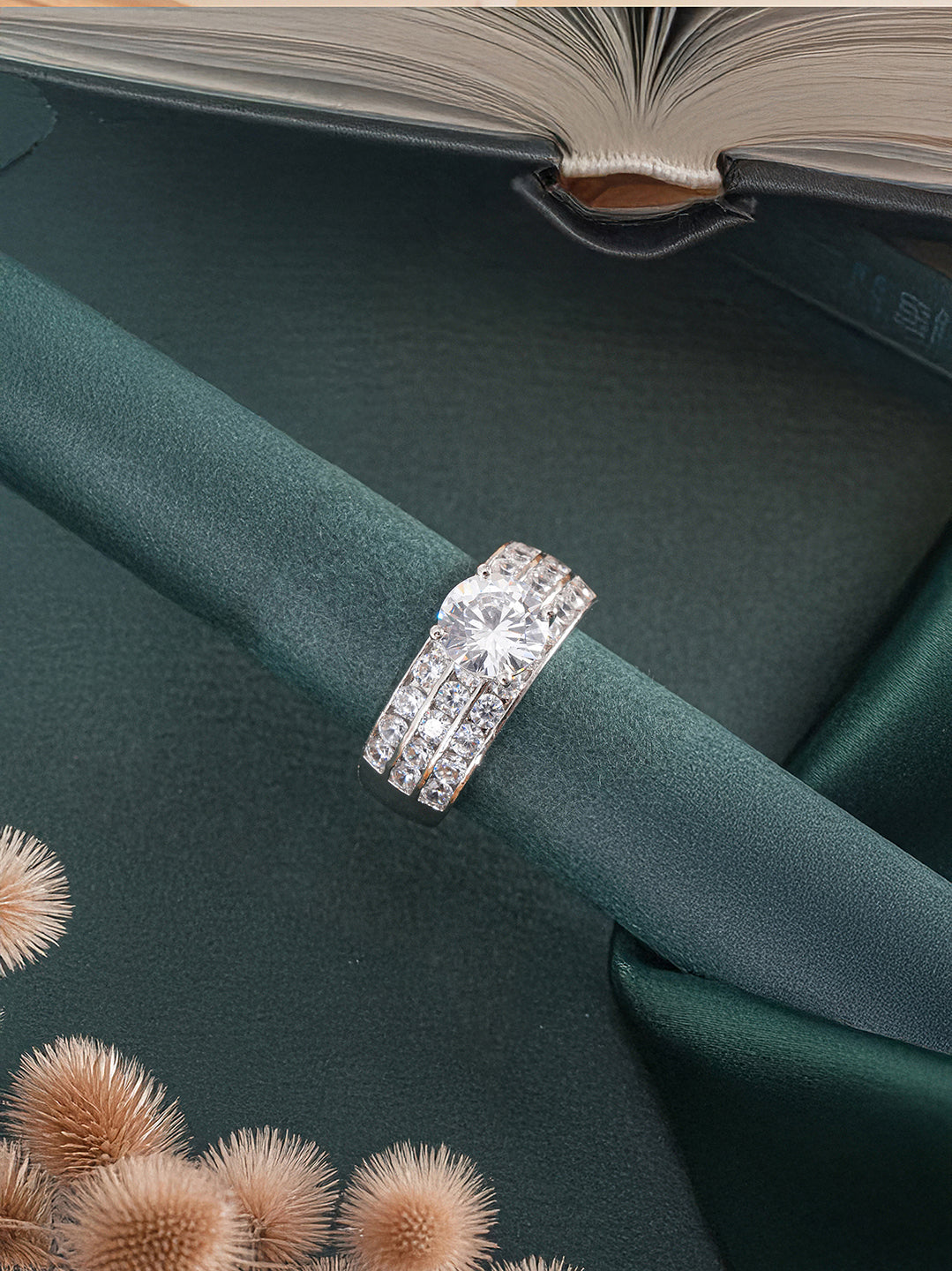 Silver Plated Cubic Zircon Studded Adjustable Bridal Engagement Wedding Band Finger Ring