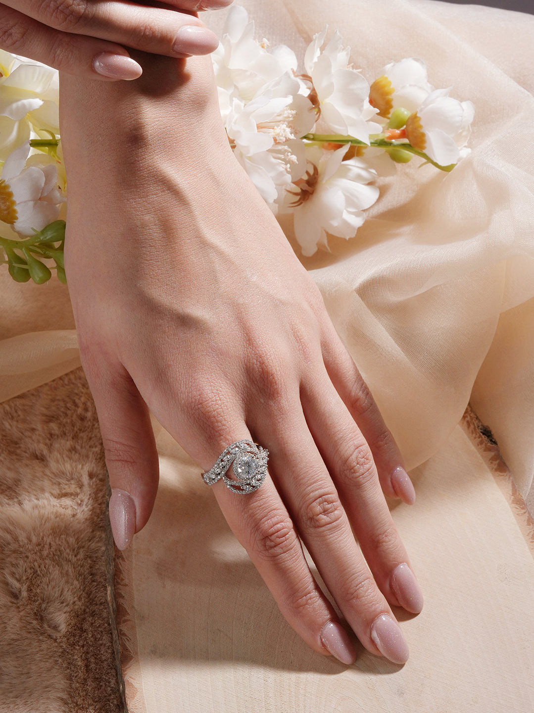 White Rhodium Cubic Zircon Studded Marriage Propose Adjustable Cocktail Finger Ring