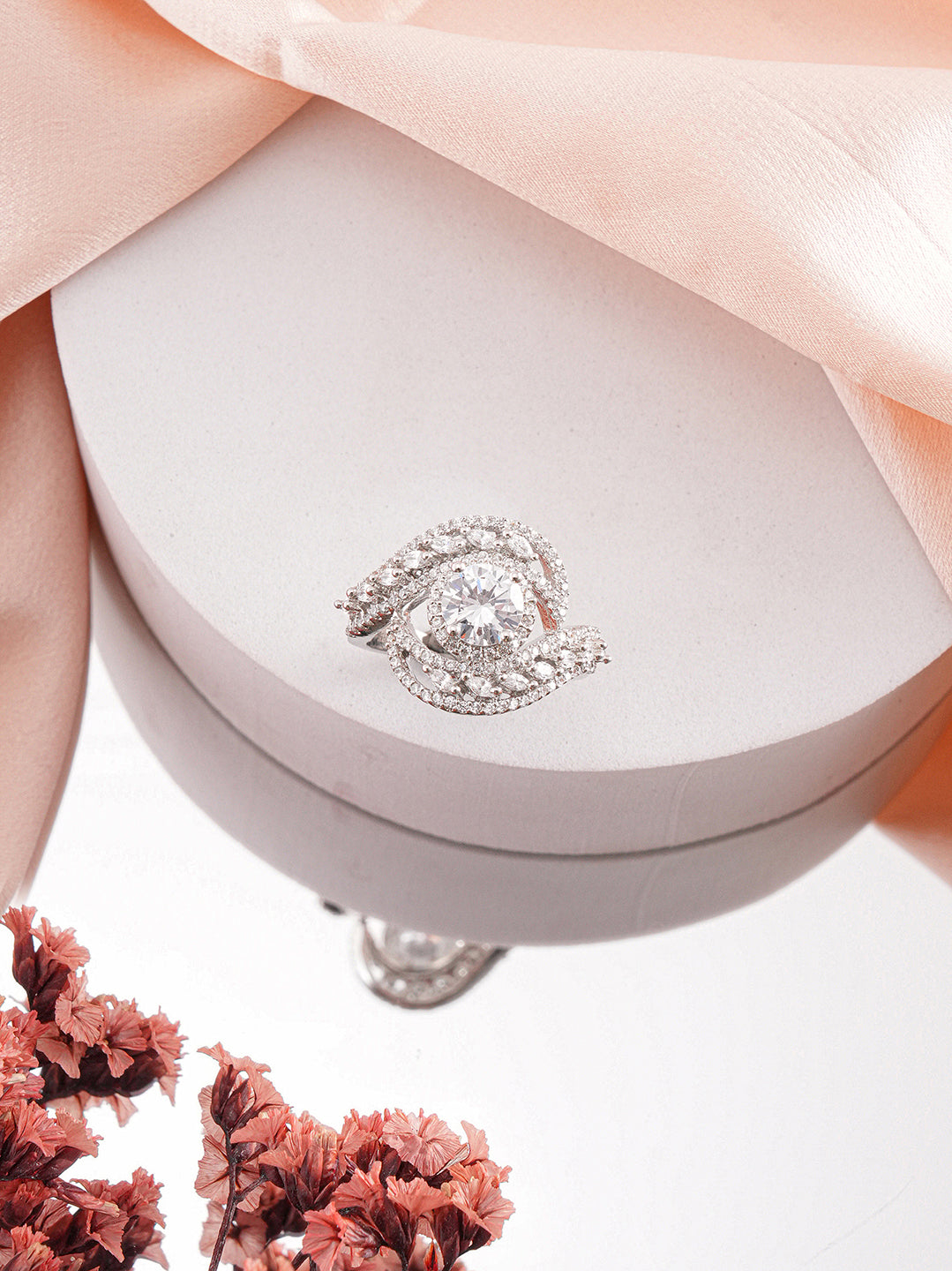 White Rhodium Cubic Zircon Studded Marriage Propose Adjustable Cocktail Finger Ring