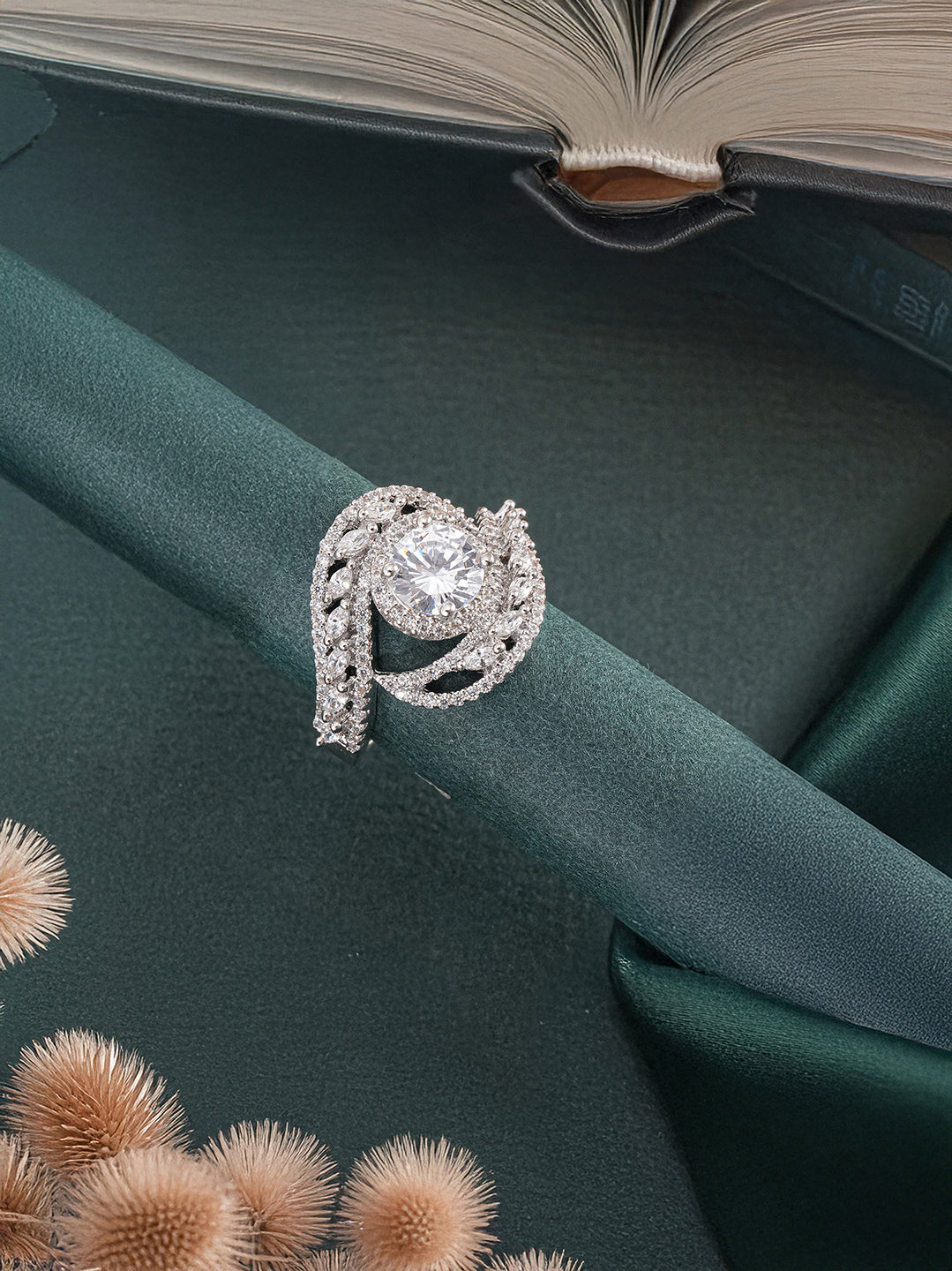 White Rhodium Cubic Zircon Studded Marriage Propose Adjustable Cocktail Finger Ring