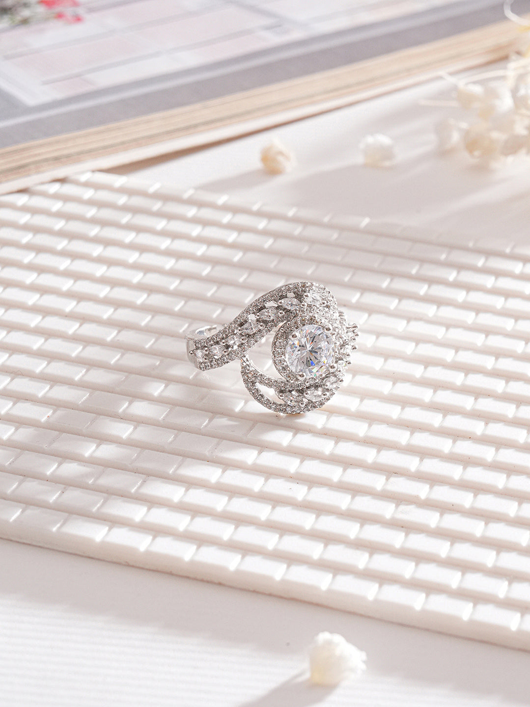 White Rhodium Cubic Zircon Studded Marriage Propose Adjustable Cocktail Finger Ring