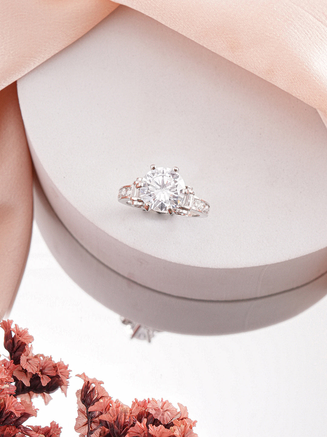 Silver Toned Cubic Zircon Studded Engagement Cocktail Adjustable Finger Ring