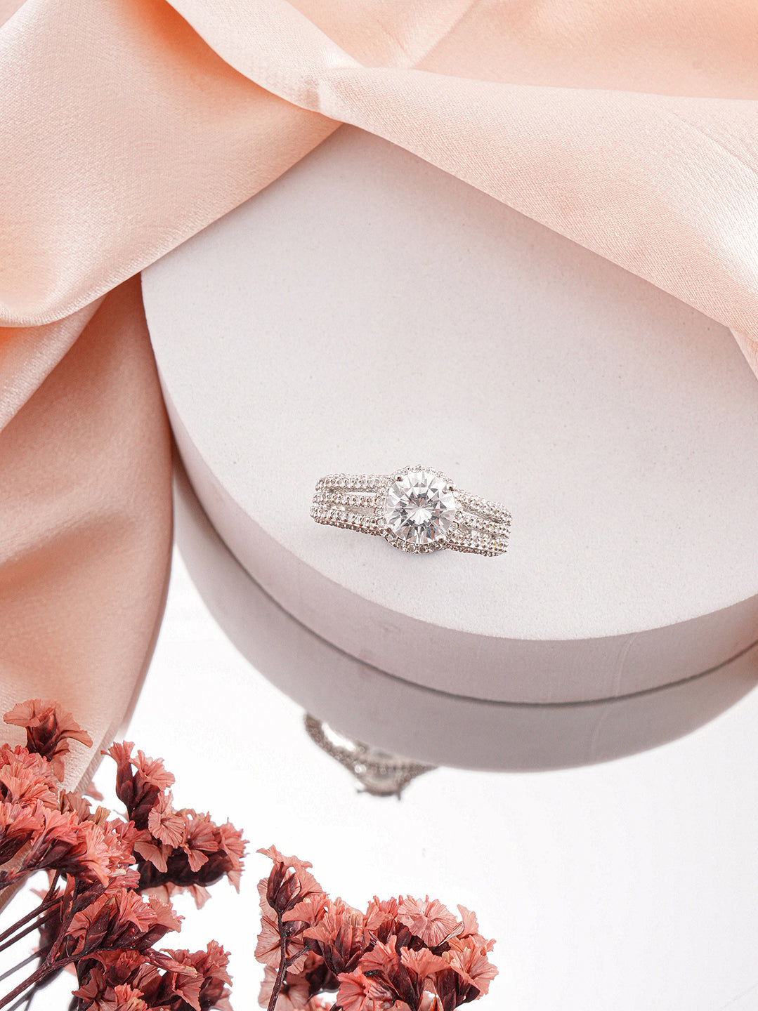 Silver Rhodium Plated White Zircon Studded  Adjustable Solitaire Engagement Propose Wedding  Finger Ring