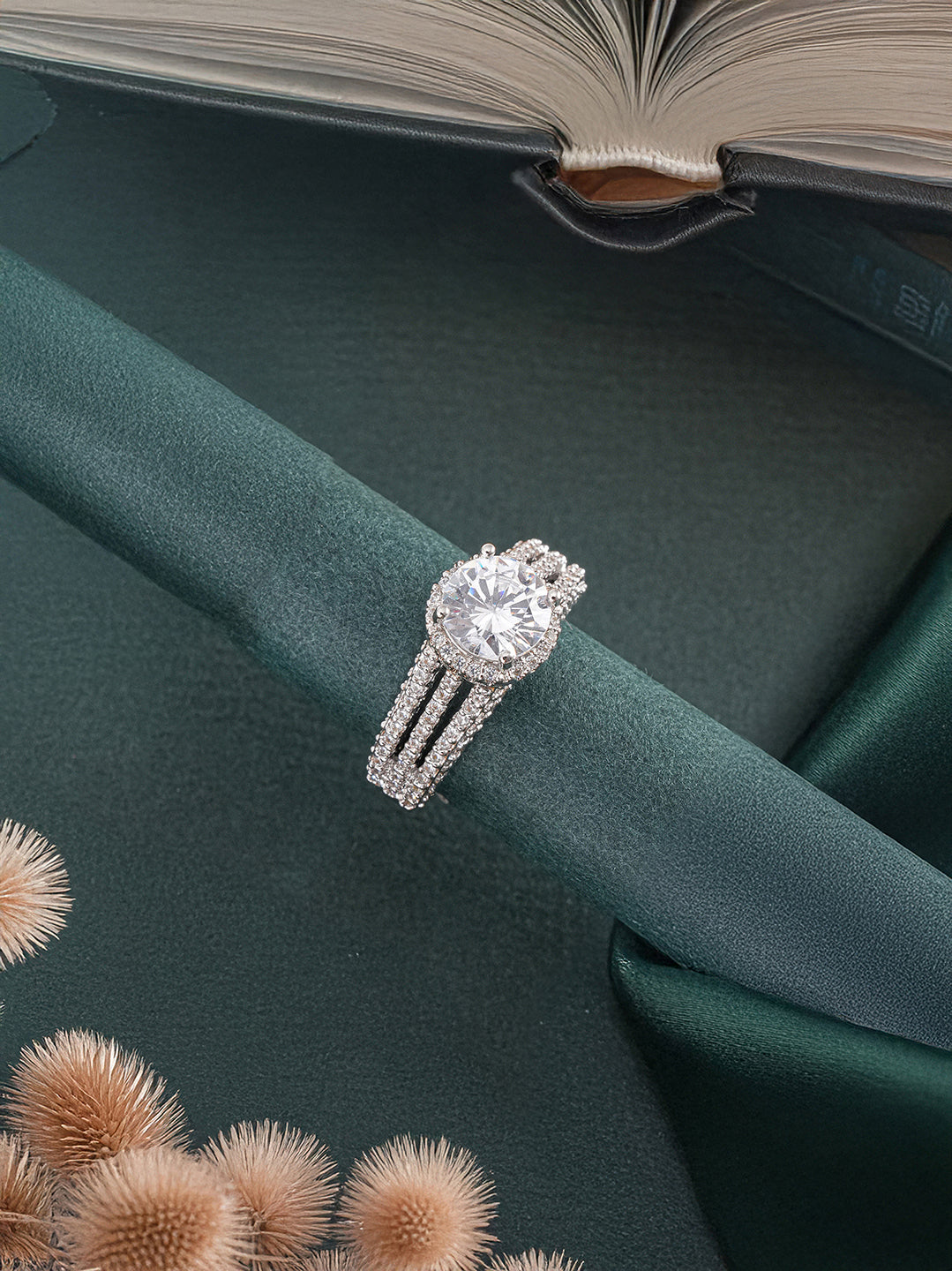 Silver Rhodium Plated White Zircon Studded  Adjustable Solitaire Engagement Propose Wedding  Finger Ring