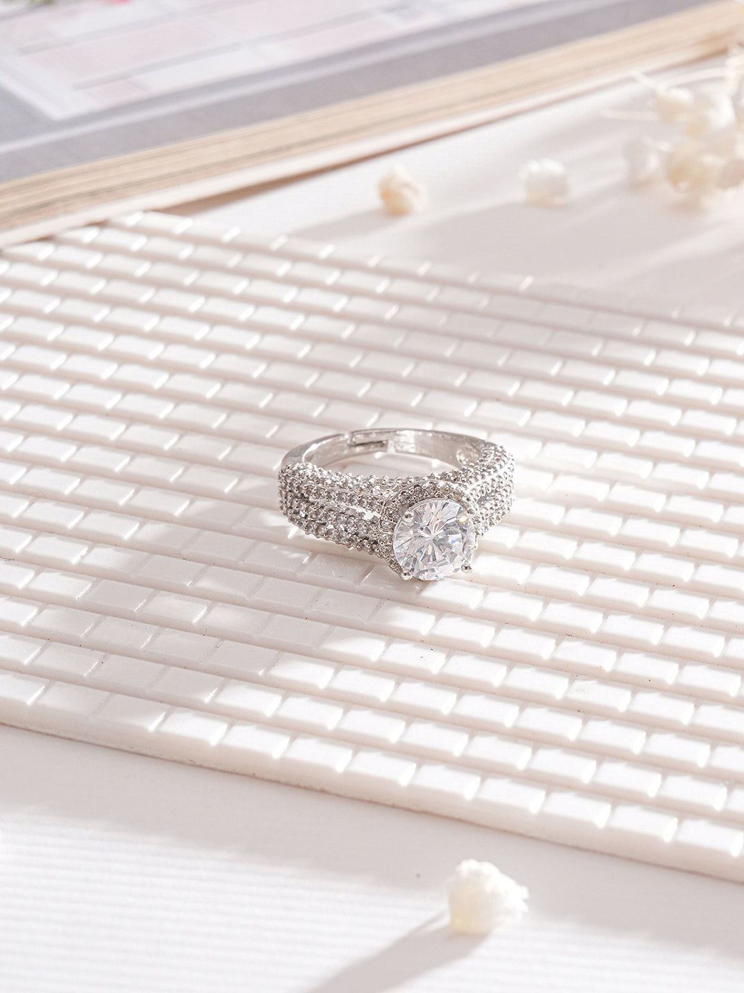 Silver Rhodium Plated White Zircon Studded  Adjustable Solitaire Engagement Propose Wedding  Finger Ring