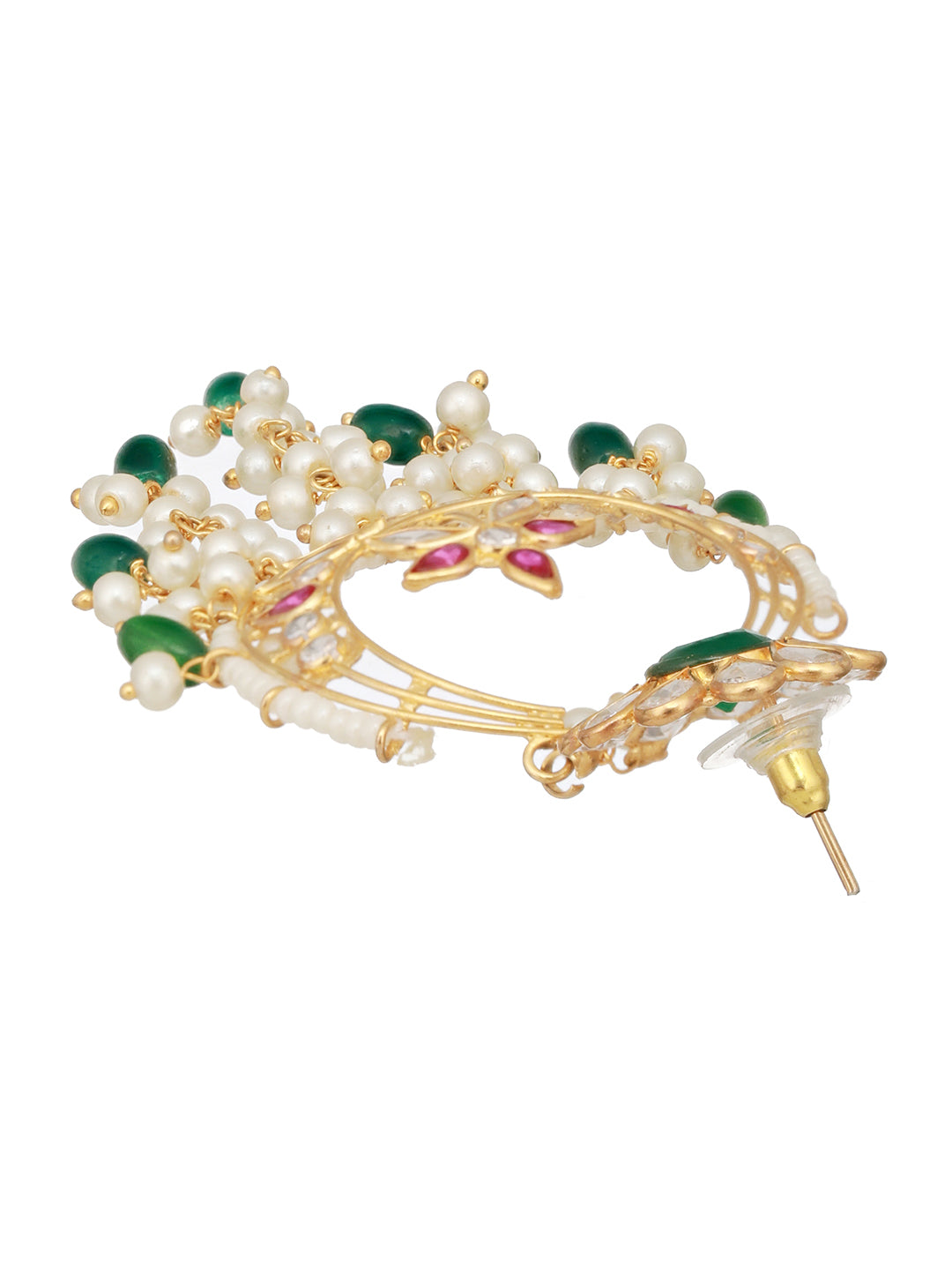24K Gold Plated Red & Green Kundan & Pearl Beaded Bridal Chandbali Designer Earring