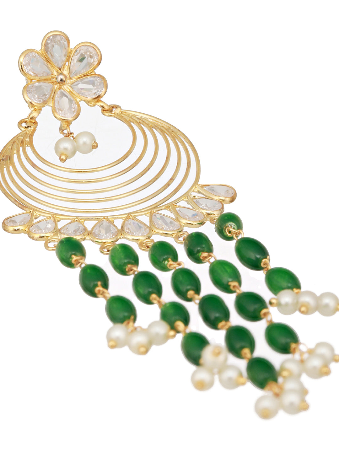 24K Gold Plated Kundan & Green Pearl Beaded Light Weight Bridal Floral Chandbali Earrings