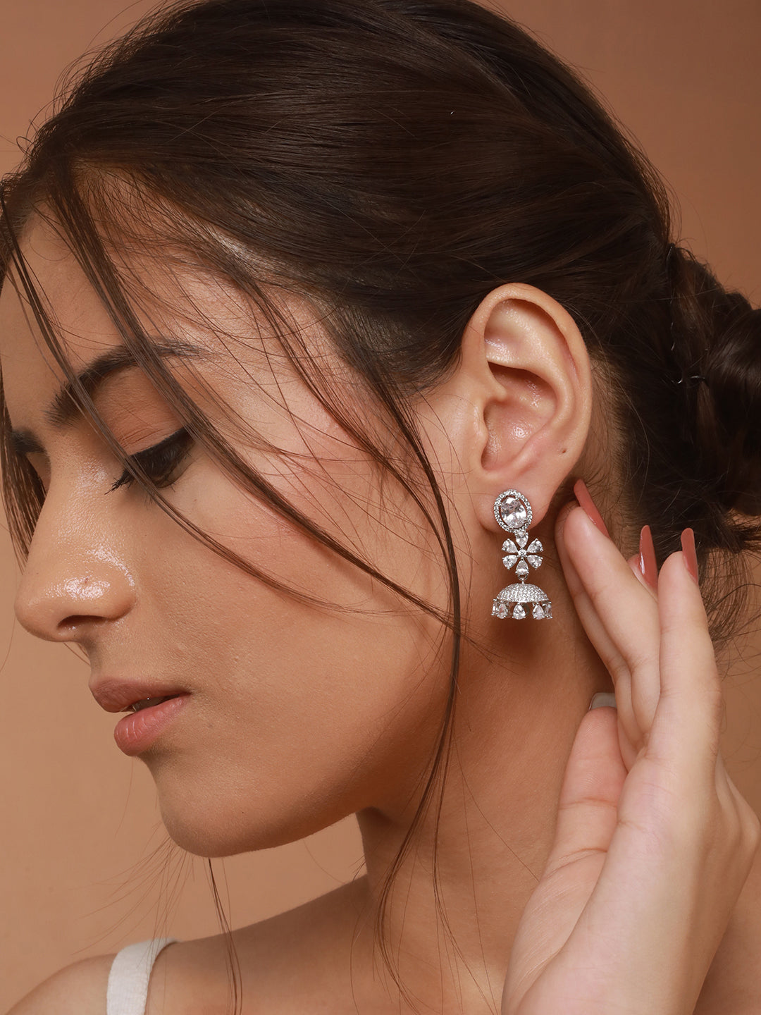 925 Sterling Silver Cubic Zirconia Studded Jhumka  Earrings